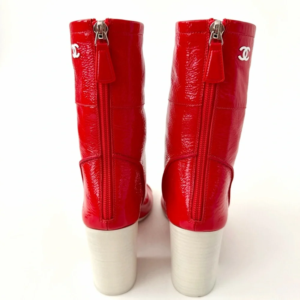 CHANEL | Red Patent Leather CC Logo Block Heel Ankle Boots EU 37.5